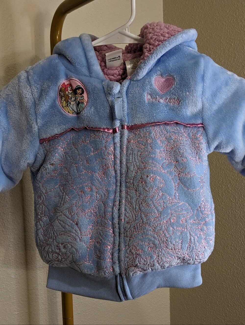 Disney Princess Plush Sherpa Glitter Embroidered Hoodie Fleece Jacket 3T